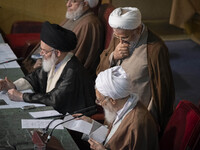 Ayatollah Mohammad-Ali Movahedi Kermani gives the opening speech during Iran's Assembly of Experts' biannual meeting in the old Iranian Parl...