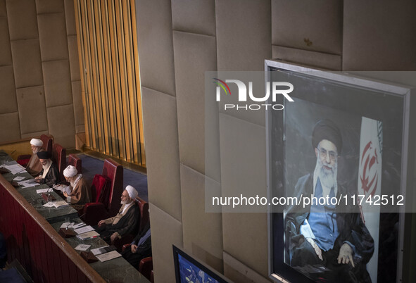 Ayatollah Mohammad-Ali Movahedi Kermani (3rd L) gives the opening speech during Iran's Assembly of Experts' biannual meeting in the old Iran...