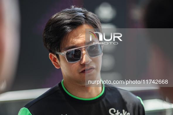 Guanyu Zhou of Stake F1 Team poses with the Sauber C44 during the Formula 1 Grand Prix of Brazil at Autodromo Jose Carlos Pace in Sao Paulo,...