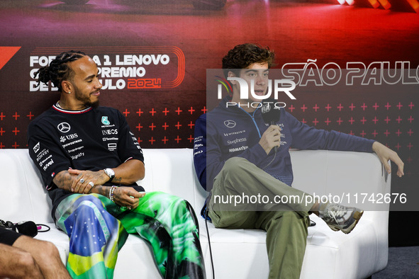 Franco Colapinto of Williams Racing and Lewis Hamilton of Mercedes AMG F1 Team W15 pose for a portrait during the Formula 1 Grand Prix of Br...