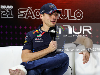 Max Verstappen of Red Bull Racing RB20 is portrayed during the Formula 1 Grand Prix of Brazil at Autodromo Jose Carlos Pace in Sao Paulo, Br...