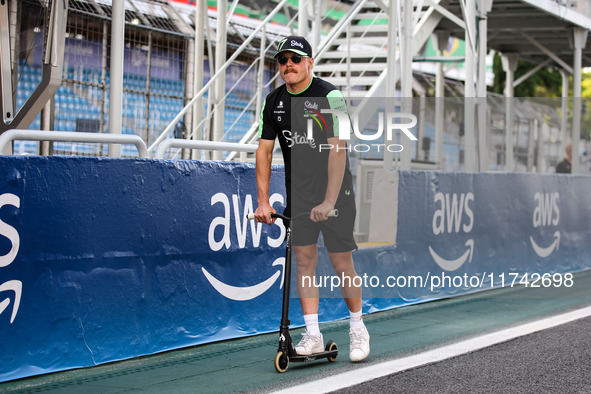 Valtteri Bottas of Stake F1 Team poses with the Sauber C44 during the Formula 1 Grand Prix of Brazil at Autodromo Jose Carlos Pace in Sao Pa...