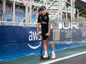 Valtteri Bottas of Stake F1 Team poses with the Sauber C44 during the Formula 1 Grand Prix of Brazil at Autodromo Jose Carlos Pace in Sao Pa...