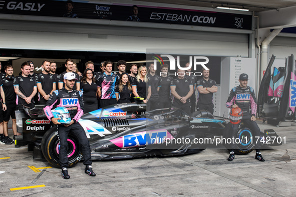 Pierre Gasly, Esteban Ocon, and Jack Doohan of the Alpine F1 Team A524 pose for a portrait during the Formula 1 Grand Prix of Brazil at Auto...