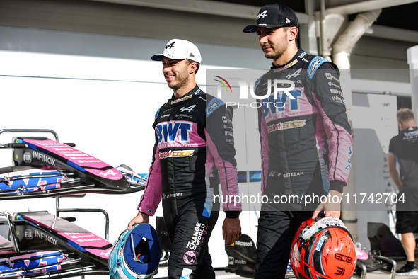 Pierre Gasly and Esteban Ocon of the Alpine F1 Team A524 pose for a portrait during the Formula 1 Grand Prix of Brazil at Autodromo Jose Car...