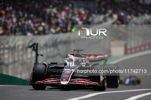 Oliver Bearman of Haas F1 Team VF-24 Ferrari competes during the Formula 1 Grand Prix of Brazil at Autodromo Jose Carlos Pace in Sao Paulo,...