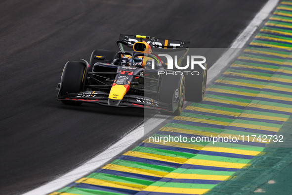 Sergio Perez of Red Bull Racing RB20 competes during the Formula 1 Grand Prix of Brazil at Autodromo Jose Carlos Pace in Sao Paulo, Brazil,...