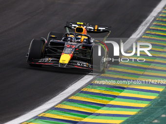 Sergio Perez of Red Bull Racing RB20 competes during the Formula 1 Grand Prix of Brazil at Autodromo Jose Carlos Pace in Sao Paulo, Brazil,...