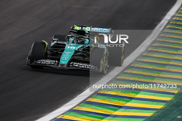 Lance Stroll of the Aston Martin F1 Team AMR24 competes during the Formula 1 Grand Prix of Brazil at Autodromo Jose Carlos Pace in Sao Paulo...