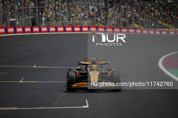 Lando Norris of the McLaren F1 Team drives the MCL38 during the Formula 1 Grand Prix of Brazil at Autodromo Jose Carlos Pace in Sao Paulo, B...