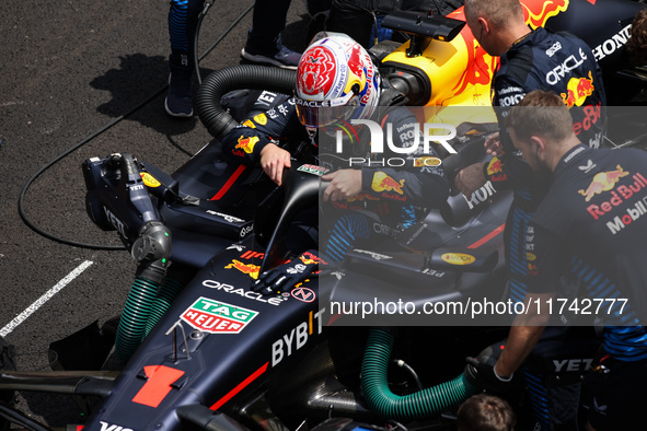 Max Verstappen of Red Bull Racing RB20 is portrayed during the Formula 1 Grand Prix of Brazil at Autodromo Jose Carlos Pace in Sao Paulo, Br...