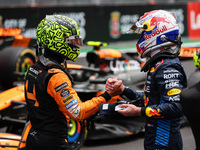 Lando Norris of McLaren F1 Team MCL38 and Max Verstappen of Red Bull Racing RB20 pose for a portrait during the Formula 1 Grand Prix of Braz...