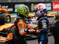 Lando Norris of McLaren F1 Team MCL38 and Max Verstappen of Red Bull Racing RB20 pose for a portrait during the Formula 1 Grand Prix of Braz...