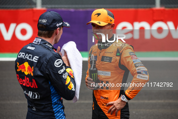 Max Verstappen of Red Bull Racing RB20 and Lando Norris of McLaren F1 Team MCL38 pose for a portrait during the Formula 1 Grand Prix of Braz...