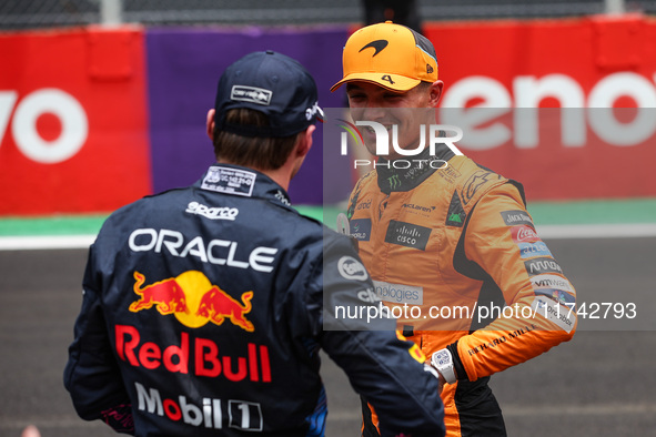 Max Verstappen of Red Bull Racing RB20 and Lando Norris of McLaren F1 Team MCL38 pose for a portrait during the Formula 1 Grand Prix of Braz...