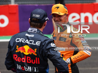 Max Verstappen of Red Bull Racing RB20 and Lando Norris of McLaren F1 Team MCL38 pose for a portrait during the Formula 1 Grand Prix of Braz...