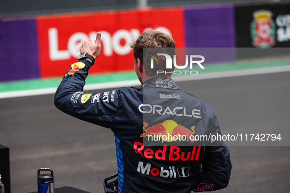 Max Verstappen of Red Bull Racing RB20 is portrayed during the Formula 1 Grand Prix of Brazil at Autodromo Jose Carlos Pace in Sao Paulo, Br...