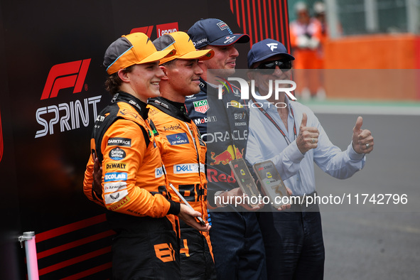 Oscar Piastri of the McLaren F1 Team MCL38, Lando Norris of the McLaren F1 Team MCL38, Max Verstappen of Red Bull Racing RB20, and Emerson F...