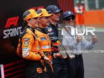 Oscar Piastri of the McLaren F1 Team MCL38, Lando Norris of the McLaren F1 Team MCL38, Max Verstappen of Red Bull Racing RB20, and Emerson F...