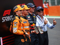 Oscar Piastri of the McLaren F1 Team MCL38, Lando Norris of the McLaren F1 Team MCL38, Max Verstappen of Red Bull Racing RB20, and Emerson F...