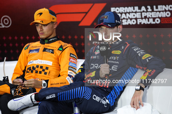 Max Verstappen of Red Bull Racing RB20 and Lando Norris of McLaren F1 Team MCL38 pose for a portrait during the Formula 1 Grand Prix of Braz...