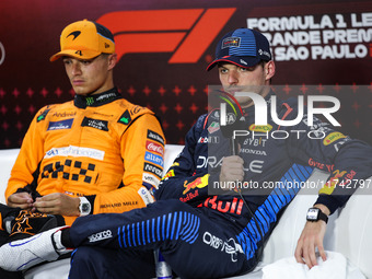 Max Verstappen of Red Bull Racing RB20 and Lando Norris of McLaren F1 Team MCL38 pose for a portrait during the Formula 1 Grand Prix of Braz...