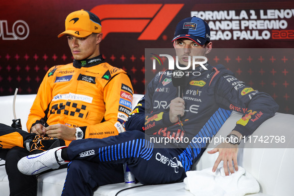 Max Verstappen of Red Bull Racing RB20 and Lando Norris of McLaren F1 Team MCL38 pose for a portrait during the Formula 1 Grand Prix of Braz...