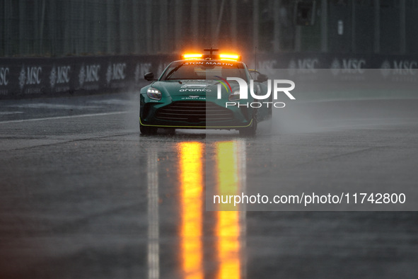 Bernd Maylander drives the Aston Martin Vantage safety car during the Formula 1 Grand Prix of Brazil at Autodromo Jose Carlos Pace in Sao Pa...