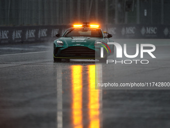 Bernd Maylander drives the Aston Martin Vantage safety car during the Formula 1 Grand Prix of Brazil at Autodromo Jose Carlos Pace in Sao Pa...