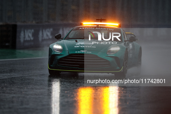 Bernd Maylander drives the Aston Martin Vantage safety car during the Formula 1 Grand Prix of Brazil at Autodromo Jose Carlos Pace in Sao Pa...