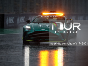 Bernd Maylander drives the Aston Martin Vantage safety car during the Formula 1 Grand Prix of Brazil at Autodromo Jose Carlos Pace in Sao Pa...