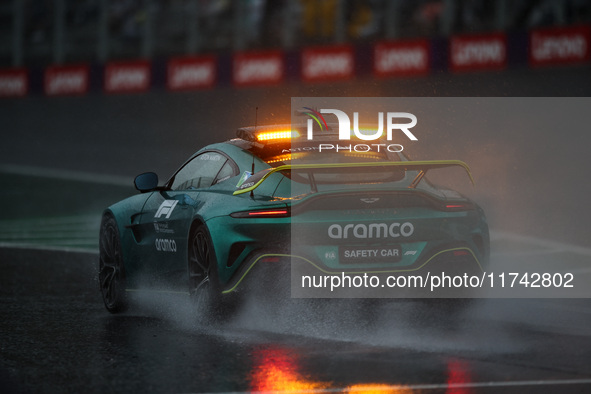 Bernd Maylander drives the Aston Martin Vantage safety car during the Formula 1 Grand Prix of Brazil at Autodromo Jose Carlos Pace in Sao Pa...