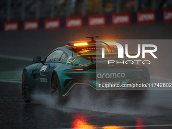 Bernd Maylander drives the Aston Martin Vantage safety car during the Formula 1 Grand Prix of Brazil at Autodromo Jose Carlos Pace in Sao Pa...