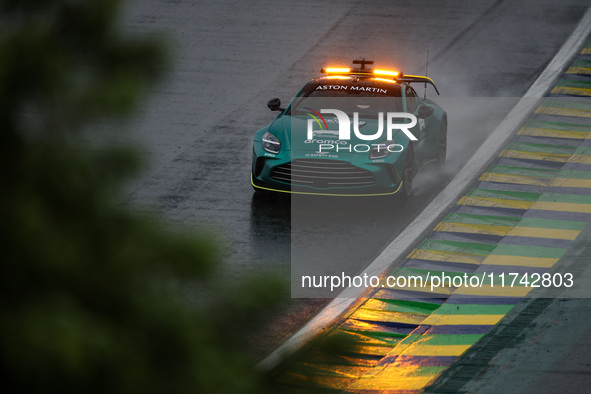 Bernd Maylander drives the Aston Martin Vantage safety car during the Formula 1 Grand Prix of Brazil at Autodromo Jose Carlos Pace in Sao Pa...