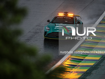 Bernd Maylander drives the Aston Martin Vantage safety car during the Formula 1 Grand Prix of Brazil at Autodromo Jose Carlos Pace in Sao Pa...