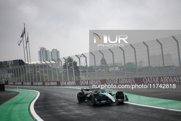 George Russell of the Mercedes AMG F1 Team W15 competes during the Formula 1 Grand Prix of Brazil at Autodromo Jose Carlos Pace in Sao Paulo...