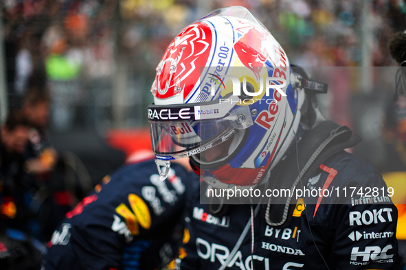 Max Verstappen of Red Bull Racing RB20 is portrayed during the Formula 1 Grand Prix of Brazil at Autodromo Jose Carlos Pace in Sao Paulo, Br...