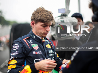 Max Verstappen of Red Bull Racing RB20 is portrayed during the Formula 1 Grand Prix of Brazil at Autodromo Jose Carlos Pace in Sao Paulo, Br...