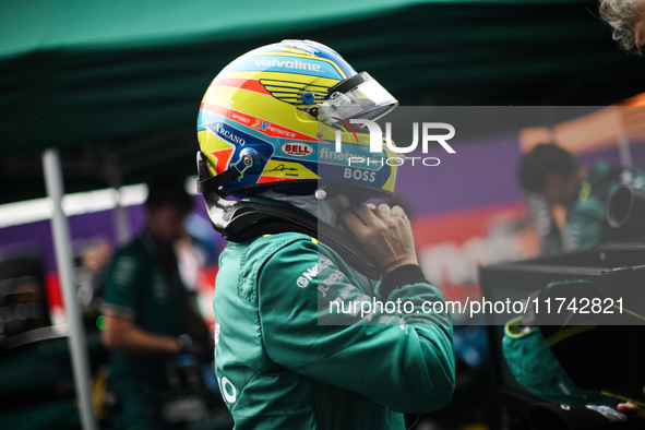 Fernando Alonso of the Aston Martin F1 Team AMR24 poses for a portrait during the Formula 1 Grand Prix of Brazil at Autodromo Jose Carlos Pa...