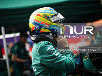 Fernando Alonso of the Aston Martin F1 Team AMR24 poses for a portrait during the Formula 1 Grand Prix of Brazil at Autodromo Jose Carlos Pa...