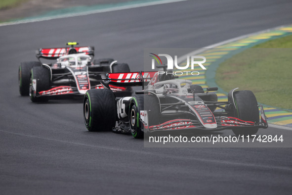 Oliver Bearman of Haas F1 Team VF-24 Ferrari and Nico Hulkenberg of Haas F1 Team VF-24 Ferrari participate in the Formula 1 Grand Prix of Br...