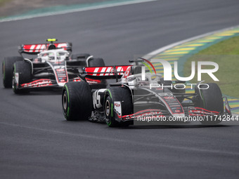 Oliver Bearman of Haas F1 Team VF-24 Ferrari and Nico Hulkenberg of Haas F1 Team VF-24 Ferrari participate in the Formula 1 Grand Prix of Br...