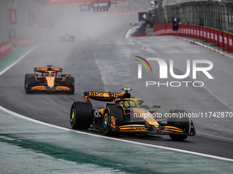 Lando Norris of the McLaren F1 Team, driving the MCL38, and Oscar Piastri of the McLaren F1 Team, also driving the MCL38, participate in the...