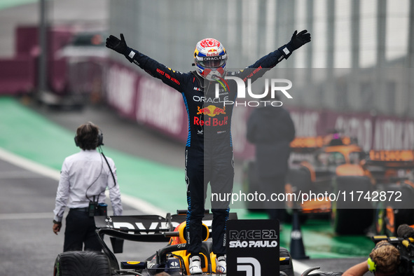 Max Verstappen of Red Bull Racing RB20 celebrates his victory during the Formula 1 Grand Prix of Brazil at Autodromo Jose Carlos Pace in Sao...