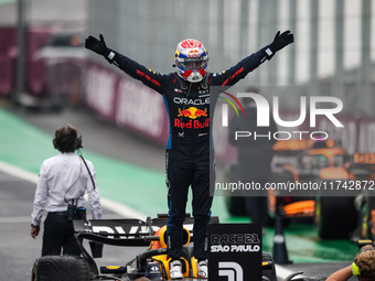 Max Verstappen of Red Bull Racing RB20 celebrates his victory during the Formula 1 Grand Prix of Brazil at Autodromo Jose Carlos Pace in Sao...