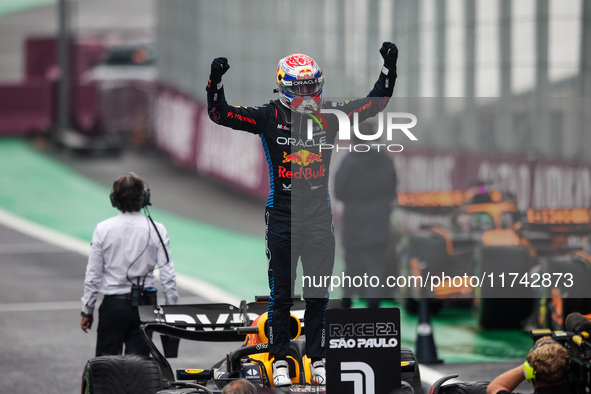 Max Verstappen of Red Bull Racing RB20 celebrates his victory during the Formula 1 Grand Prix of Brazil at Autodromo Jose Carlos Pace in Sao...