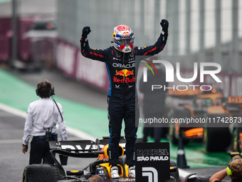 Max Verstappen of Red Bull Racing RB20 celebrates his victory during the Formula 1 Grand Prix of Brazil at Autodromo Jose Carlos Pace in Sao...