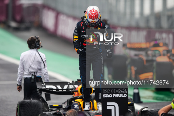 Max Verstappen of Red Bull Racing RB20 celebrates his victory during the Formula 1 Grand Prix of Brazil at Autodromo Jose Carlos Pace in Sao...