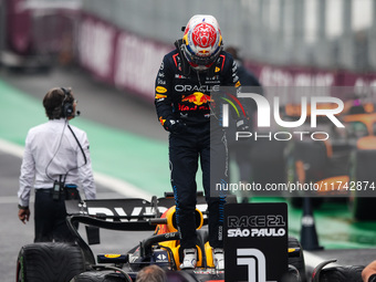 Max Verstappen of Red Bull Racing RB20 celebrates his victory during the Formula 1 Grand Prix of Brazil at Autodromo Jose Carlos Pace in Sao...