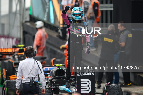 Pierre Gasly of the Alpine F1 Team A524 celebrates his podium during the Formula 1 Grand Prix of Brazil at Autodromo Jose Carlos Pace in Sao...